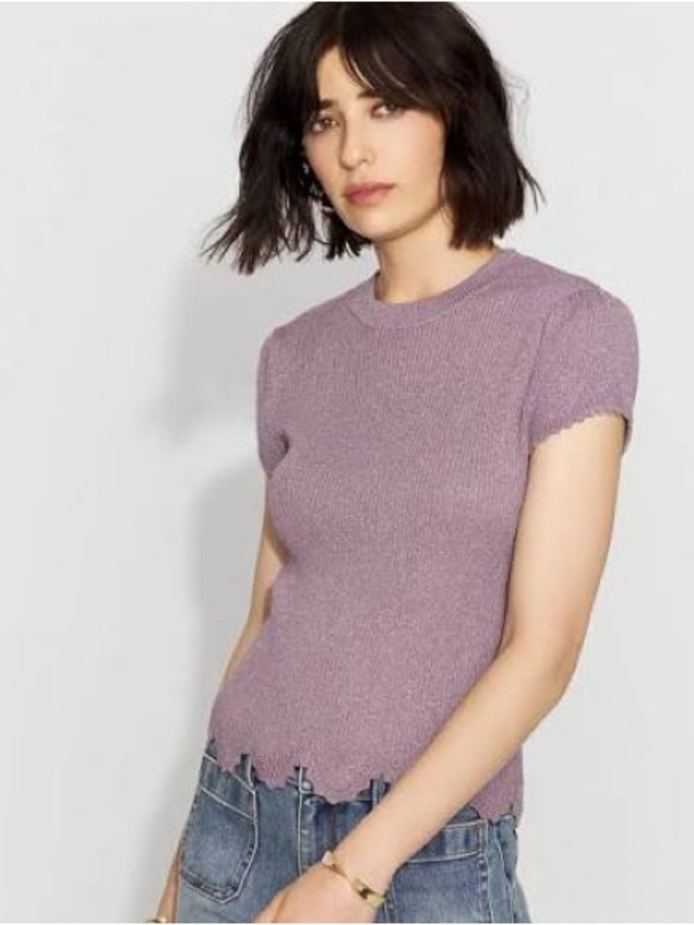 NWT White House Black Market Lilac scalloped Short-Sleeve shimmer Knit Top